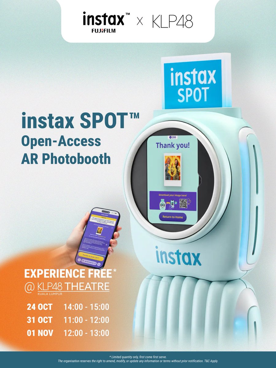 KLP48official's tweet photo. Step out of the booth &amp; into the future of photos! 📸 Catch the brand-new instax SPOT™️ open-access AR photobooth at the KLP48 Theatre—First in Malaysia! 🇲🇾✨

KLP48 &amp; fans are honoured to try it first! Come experience the AR magic totally F.O.C! 🆓

#KLP48 #KLP48xFujifilm https://t.co/oetqXnuxYC
