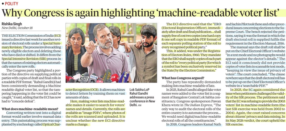 imRavikantYadav's tweet photo. Why Congress is again highlighting 'machine-readable voter list'
:Details by Ms Rishika Singh
@RishikaS_
#ECI #SSR #SIR #OCR
#VorerList #MachineReadable
#ERO
#SupremeCourt
#Privacy
#Law
#UPSC
Source: IE https://t.co/cLwu2FoGNM