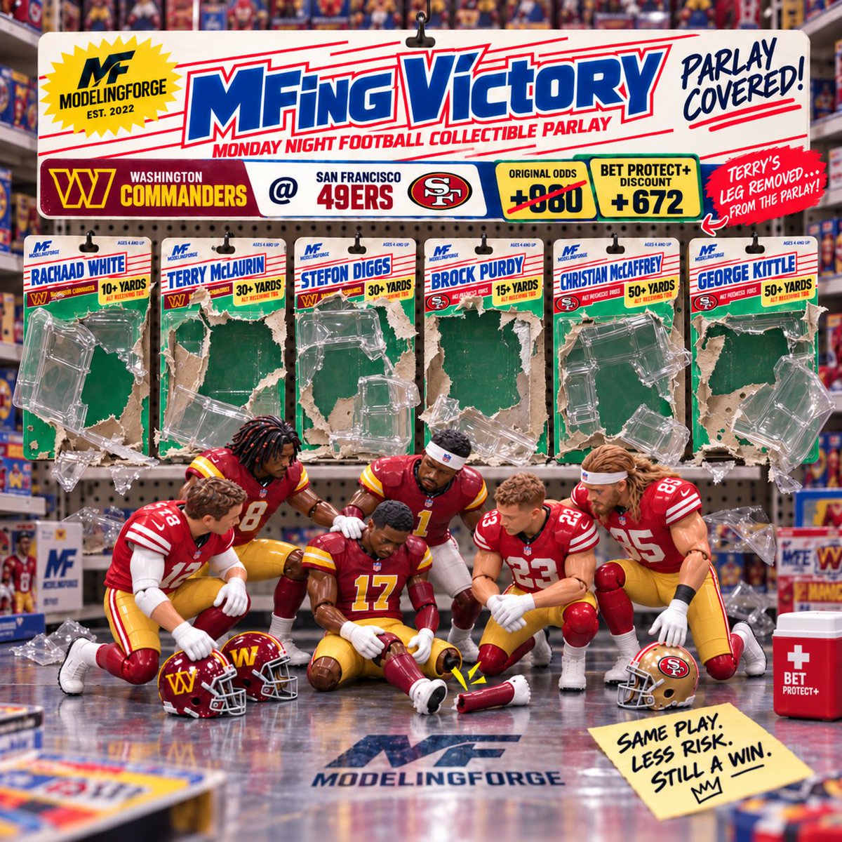 TheFirstMFer's tweet photo. Another MFing VICTORY — with a little insurance. 🏆🛡️

Terry McLaurin’s injury knocked out one leg, but Bet Protect+ knocked it out of the parlay too.

+980 ➡️ +672 ➡️ CASHED ✅

White ✅
Diggs ✅
Purdy ✅
McCaffrey ✅
Kittle ✅
McLaurin 🛡️ VOID

Commanders vs. 49ers MNF player props delivered.

More NFL models + picks at https://t.co/hltITSG0GY