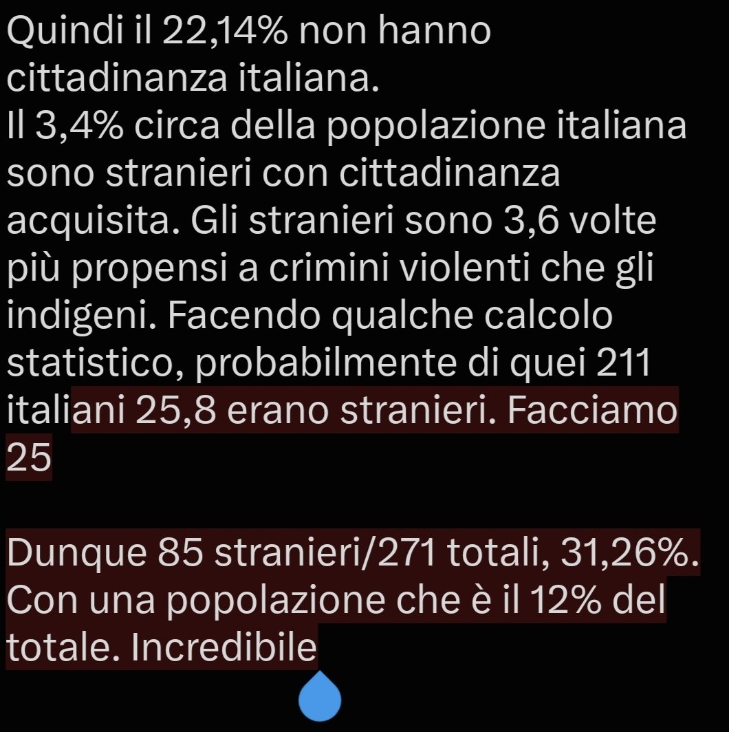 SpookSlapper's tweet photo. Sovra-rappresentazione degli stranieri di 2,6 volte e sono stato conservativo su tutta la linea.
Realisticamente, essendo la distribuzione di stranieri senza e con cittadinanza disomogenea fra le classi di età, è più simile ad una sovra rappresentazione di 3,5/4 volte https://t.co/XMo2CDWTGs