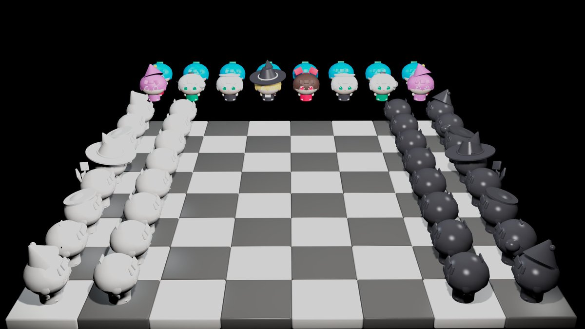 lin65111535's tweet photo. 期中作业让做国际象棋，我直接在 3ds Max 批量量产东方 Fumo 😋 零贴图，全靠几何多边形硬捏 ᗜ ᗜ 表情！国王灵梦 VS 王后魔理沙，准备迎接幻想乡的降维打击吧！♟️✨
#Touhou #Fumo #3dsMax #gamedev #东方Project https://t.co/2hXwN0SYQ5