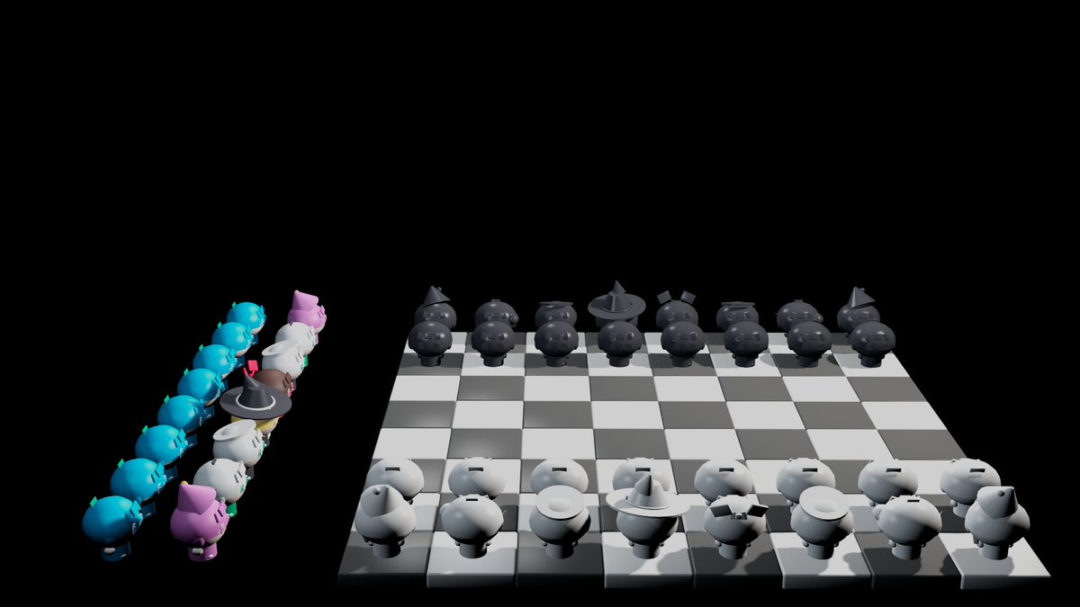 lin65111535's tweet photo. 期中作业让做国际象棋，我直接在 3ds Max 批量量产东方 Fumo 😋 零贴图，全靠几何多边形硬捏 ᗜ ᗜ 表情！国王灵梦 VS 王后魔理沙，准备迎接幻想乡的降维打击吧！♟️✨
#Touhou #Fumo #3dsMax #gamedev #东方Project https://t.co/2hXwN0SYQ5