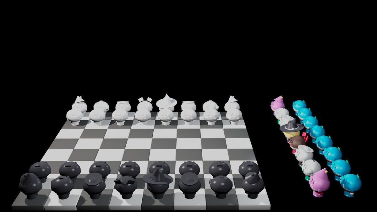 lin65111535's tweet photo. 期中作业让做国际象棋，我直接在 3ds Max 批量量产东方 Fumo 😋 零贴图，全靠几何多边形硬捏 ᗜ ᗜ 表情！国王灵梦 VS 王后魔理沙，准备迎接幻想乡的降维打击吧！♟️✨
#Touhou #Fumo #3dsMax #gamedev #东方Project https://t.co/2hXwN0SYQ5