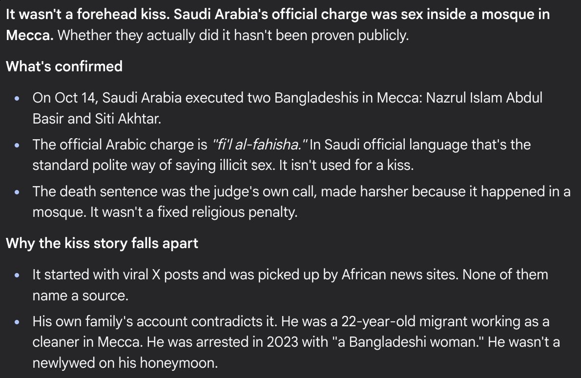 vvs4892741's tweet photo. It wasn't a kiss. They fucked in a mosque in the holiest city in Islam

Saudi Arabia is actually one of the most progressive muslim countries out there, they even stopped stoning women for cheating, stopped requiring burqas, allowing them to work lol. They would not behead people for nothing. 

Fucking in a mosque in Mecca has to be the lowest IQ thing i've heard in my life. Poopjeets pulling a death you'd only see in Looney Tunes