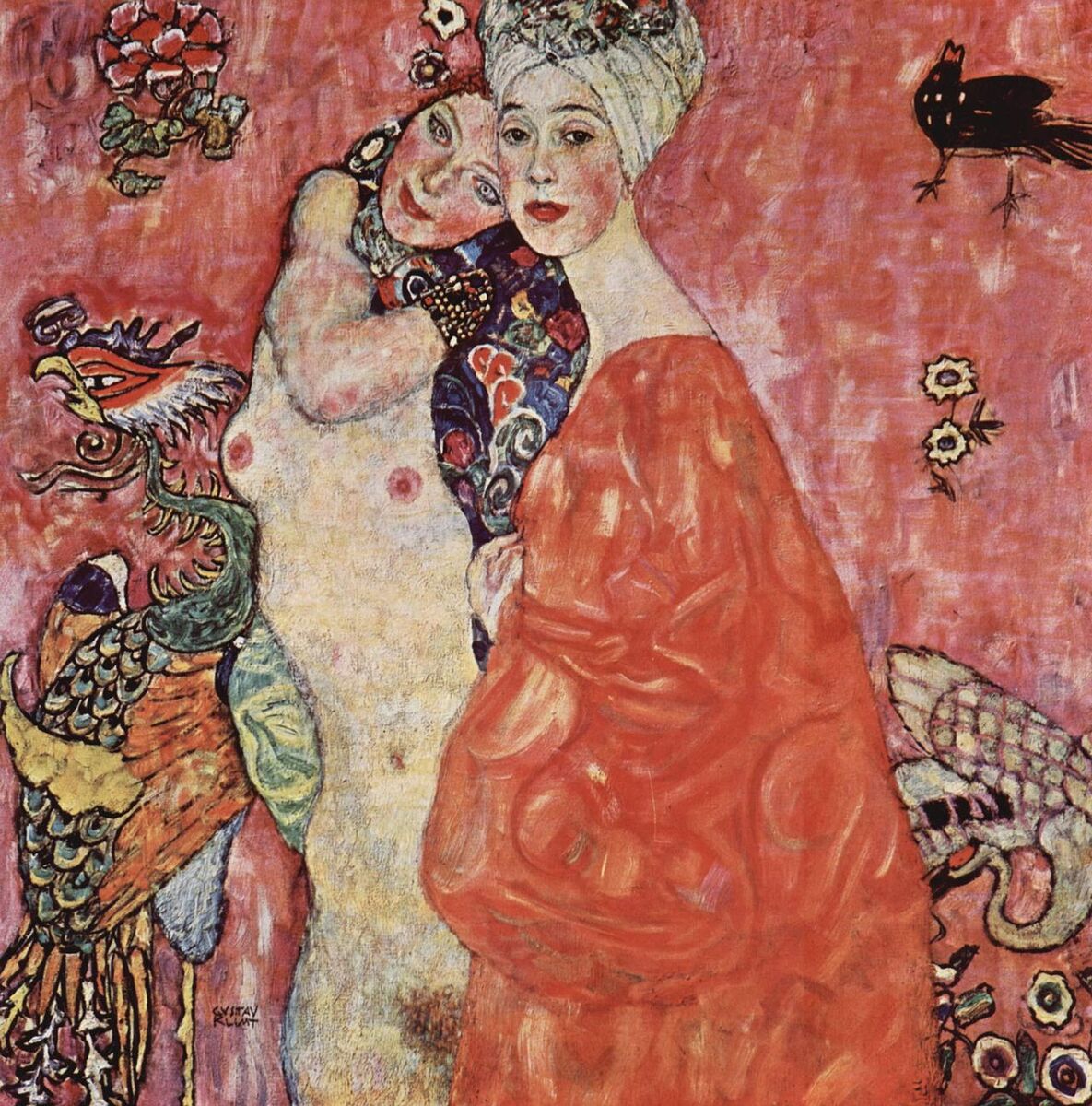 artistgklimt's tweet photo. The Women Friends (1917) is a poignant example of Klimt’s interest in female companionship. By pressing two figures into a decorative world, he forms a space that feels warm and strange. Unfortunately, the original was destroyed by retreating SS forces in 1945. #artbots #klimt https://t.co/VcZH3TG6D1