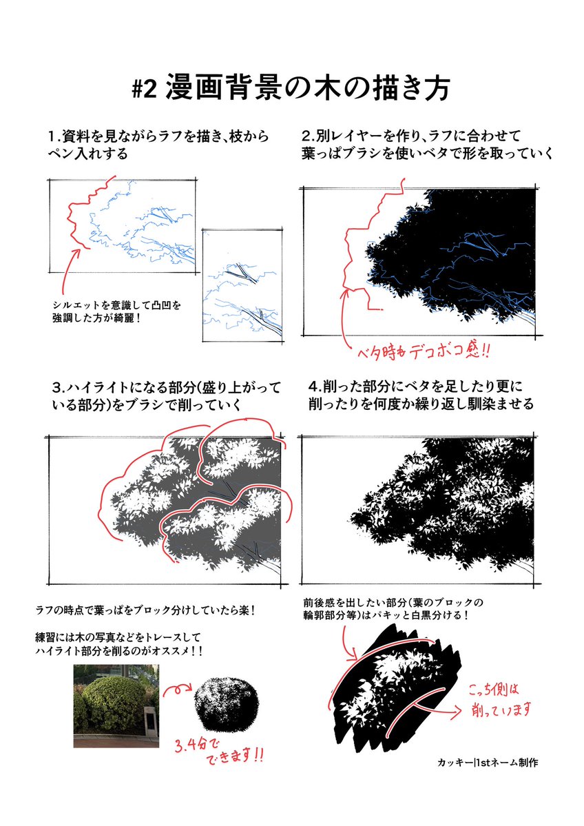 kackey_1st_NAME's tweet photo. # 2漫画背景の木の描き方　再掲

僕が現場で木を描く際、1番早く多く使うブラシを使った描き方です！
中距離から遠距離だったらホントにほとんどこの描き方で描いています👍

#漫画 #描き方 #背景 https://t.co/aQtvY4PsGe