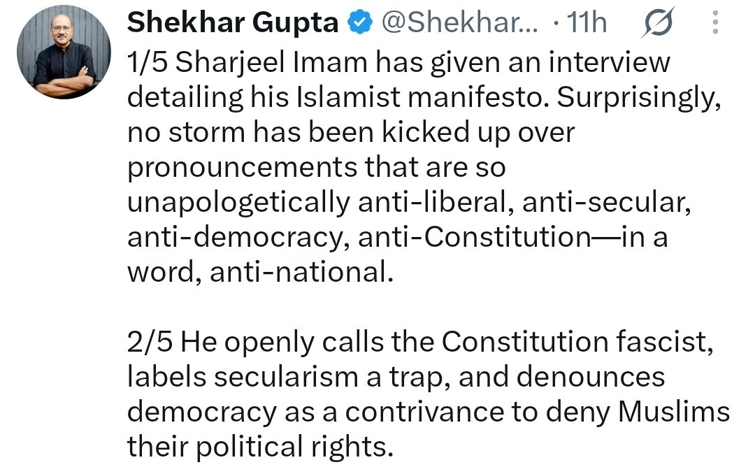 RShivshankar's tweet photo. What Sharjeel Imam is saying in his "Manifesto" is essentially that Hindus and Muslims are two nations. 
WHY IS EVERYONE SO SURPRISED? WHY'S THERE SHOCK OVER LEFT-LIB SILENCE? 
Sharjeel Imam is merely echoing Iqbal and Jinnah, exposing the fiction left-liberals have peddled in the name of "Ganga-Jamuni" tehzeeb: that Islamists don’t see Hindus as a separate nation, that secularism can paper over this divide, and that Indian Muslims have abandoned the idea of the Ummah.
People forget that all the Muslim Congress candidates lost in the 1937 elections. So, many Muslims who stayed behind in India voted for the Muslim League. 
Left-liberal equivocation over the Islamist project detailed by Sharjeel Imam has been discussed/exposed at length in my book MODI & INDIA: THE BATTLE FOR BHARAT.