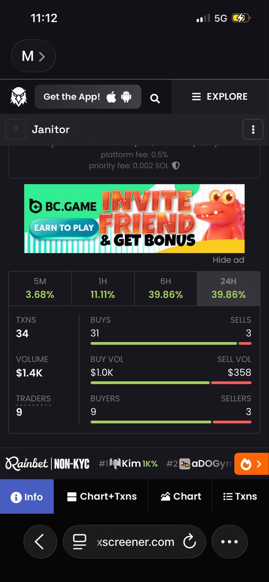 JanitorNVDAx's tweet photo. 11:12pm UPDATE — $1.4K VOL 🧹

34 txns / 31 buys / 3 sells
Buy Vol $1.0K ATH / Vol $1.4K
5M 3.68% / 1H 11.11% / 6H 39.86%

$28 → $1.4K today = 50x
9 buyers, top only 4.97%
0 sells last 2H

$100 away from $1.5K trending
CA: 5eLNSV3i4iBd2amDC4vZGdD8BnnSjnfLqgKTkwkF3xGbr https://t.co/GKL3haZBH1
