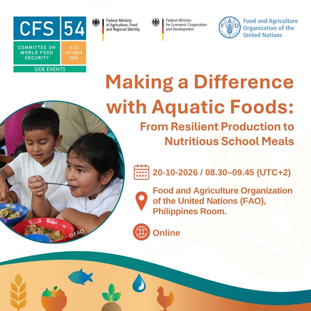 WorldFishCenter's tweet photo. 🐟 Join the CFS54 side event, “Making a Difference with Aquatic Foods: From Resilient Production to Nutritious School Meals” today as WorldFish scientist Michelle Tigchelaar highlights opportunities to strengthen local livelihoods, support women and youth, and make nutritious aquatic foods more accessible to children.

📅 20 October 2026
🕣 8:30–9:45 a.m. (UTC+2)
📍 FAO Headquarters, Philippines Room, and online 

This discussion brings together experiences from Africa and Latin America and the Caribbean, including Malawi, Honduras, Bolivia and Belize, to explore how sustainable aquatic food production can connect small-scale producers with markets and school meal programs.

🔗 Register for the online session:
https://t.co/oEyzbcP8lr