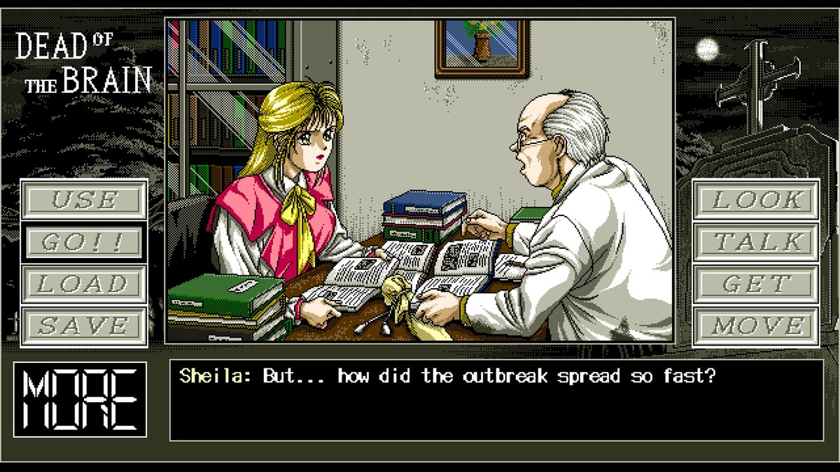 KaroshiMyriad's tweet photo. The demo is now available for Fairytale's 1992 PC-98 adventure game "Dead of the Brain" by FAKKU.

FAKKU recently acquired the rights to publish Fairytale's entire catalogue which includes Pia Carrot, Dengeki Nurse, and many more PC-98 games.

The full version will release on October 30.

Story: When there's no more room in Hell...

One fateful night, the protagonist Cole receives a call from his friend Dr. Cooger. The mad scientist has invented what he calls a "resurrection serum", designed to bring the dead back to life. Although skeptical at first, Cole is convinced after he sees the effects of the miraculous serum for himself. But human hubris is always doomed to fail, and it's not long before things go very, very wrong. Sure, the serum revives the dead, but they return with no trace of their former self—only a terrible hunger for BRAAAAAINS!

When the test subjects escape containment, all Hell breaks loose—literally. The dead rise from their graves as the town is overrun by terrifying zombies! So begins Cole and company's fight for their lives, and a desperate battle to save the world from a doom of their own making.

Will Cole survive this nightmare, or will he end up joining the ranks of the walking dead?

https://t.co/LemJh4R4wG