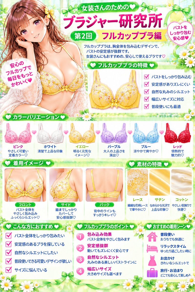 panburasuki's tweet photo. 🎀女装さんのための♡ブラジャー研究所💕

💗第2回「フルカップブラ編」💗

可愛いブラジャーを見ると、ついつい欲しくなっちゃうSeikoです🥰

今回は、バスト全体を優しく包み込む「フルカップブラ」をご紹介💕

安定感があって、自然な丸みのあるバストラインを作りやすいのが魅力です✨

レースやリボンの可愛いデザインもいっぱい🎀

カラーや素材、特徴、選び方をイラストにまとめてみました💗

皆さんは、しっかり包み込むフルカップ派？ それとも可愛く盛れるブラ派？🥰

#女装 #女装子 #ブラジャー研究所