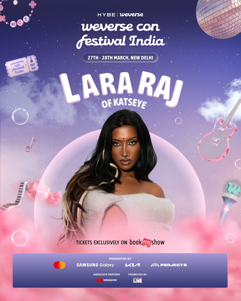 HYBE_INDIA's tweet photo. Katseye's Lara Raj is bringing a global pop moment to Weverse Con Festival India, and trust us, you’llwant to be there for it.

🎟️ Mastercard Presale: 27 October
🎟️ General Sale: 30 October

Weverse Con Festival India
27th – 28th March 2027 | India

Tickets exclusively on BookMyShow. 
#HYBEINDIA #WeverseConFestivalIndia