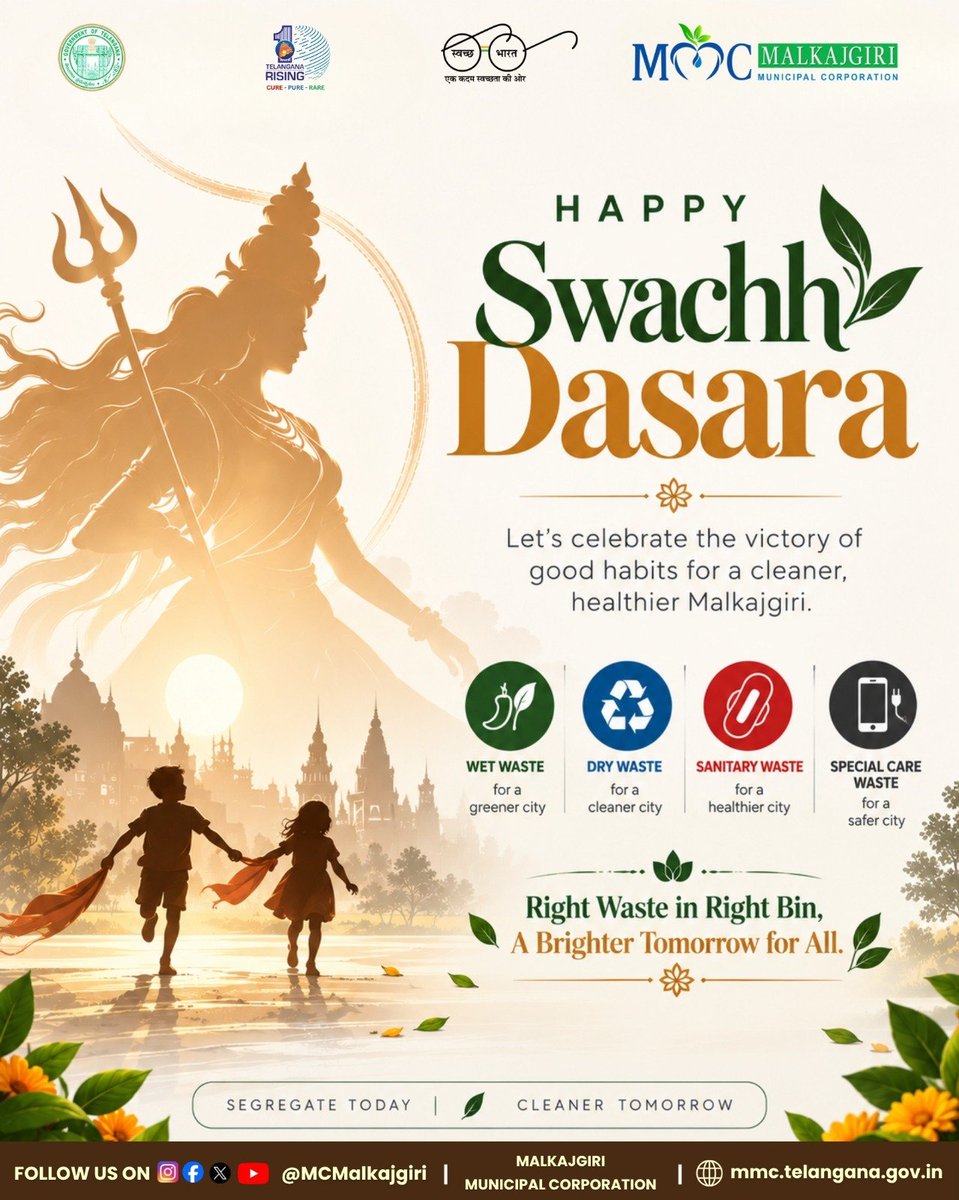 MCMalkajgiri's tweet photo. 🌿✨ HAPPY SWACHH DASARA  ✨🌿

This Dasara, let us celebrate the victory of good habits for a cleaner, healthier and greener Malkajgiri!

♻️ Segregate Waste. Protect Nature. Keep Our City Clean.

🟢 Wet Waste – For a Greener City
🔵 Dry Waste – For a Cleaner City
🔴 Sanitary Waste – For a Healthier City
⚫ Special Care Waste – For a Safer City

Let us make waste segregation a daily habit and work together towards a sustainable future.

💚 Right Waste in the Right Bin, A Brighter Tomorrow for All !

Malkajgiri Municipal Corporation

@jayesh_ranjan @TelanganaCS @TelanganaCMO @IPRTelangana @HiHyderabad @ZC_Uppal @ZC_LBNagar @zc_malkajgiri @MalkajgiriCop

#SwachhDasara #SwachhMalkajgiri #WasteSegregation #SwachhBharatMission #MalkajgiriMunicipalCorporation #CleanAndGreen