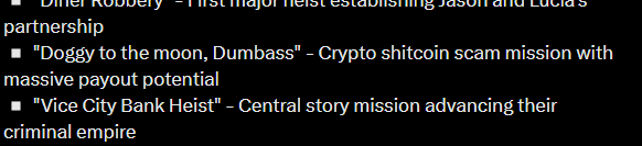 Innyonchain's tweet photo. We can finally run this paired to TTWO?

A GTA 6 News Page posted a while ago the "leaked mission list" which also includes a Crypto Scam?

▫️ "Doggy to the moon, Dumbass" - Crypto shitcoin scam mission with massive payout potential

https://t.co/cMv2I9Rdjg https://t.co/sttOmMbVxF