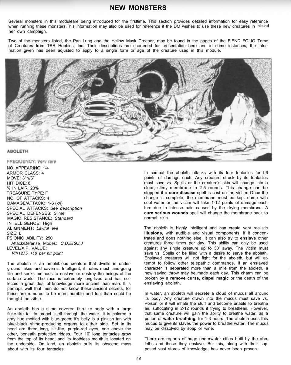 YoDanno's tweet photo. Most people send a résumé when applying for a job.

David “Zeb” Cook sent TSR a dungeon. 😳

When I spoke with Zeb about I1: Dwellers of the Forbidden City (1981), he told me it was essentially his job application.

It began as roughly 13 typewritten pages from his home campaign, inspired by Robert E. Howard’s Red Nails. That seed grew into the official AD&D tournament at Origins 1980, and then a sprawling lost-city sandbox in Greyhawk’s Hepmonaland.

Warring factions. Snake cults. Treacherous alliances. And the debut of the yuan-ti, tasloi, mongrelmen, and aboleth.

Here’s the kicker… the aboleth wasn’t even in the original submission. Zeb invented it because the tournament needed a monster NO ONE had seen before.

An Erol Otus cover. Monsters still haunting D&D 45 years later. And a career that would help shape AD&D 2nd Edition.

Not bad for a job application. ⚔️❤️
