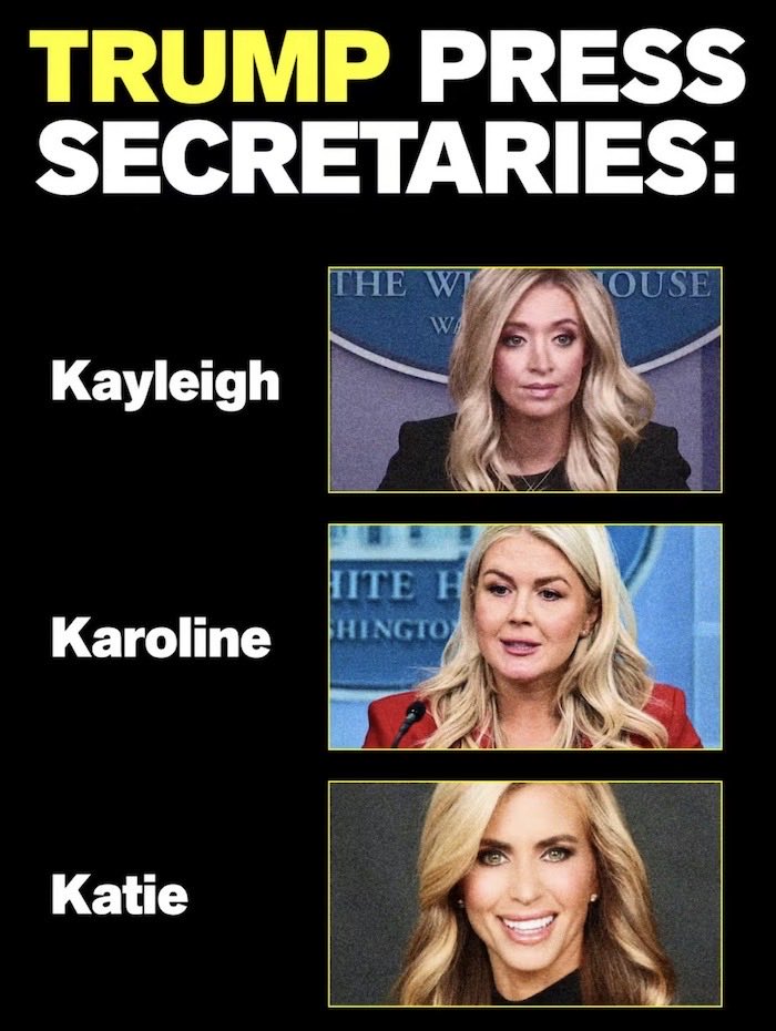 kangaroos991's tweet photo. PROBABLY #coincidence the names of
his #PressSecs all start with "K" &amp; they
all have blonde hair? Kayleigh promised
"I'll never 'lie' to you." 😂 Karoline also
vowed "not to lie" in her very first press
briefing! Katie was FIRED because she 
LIED! See the pattern? ⤵️ #VoteBlue 💙 https://t.co/zxGq2LluEF