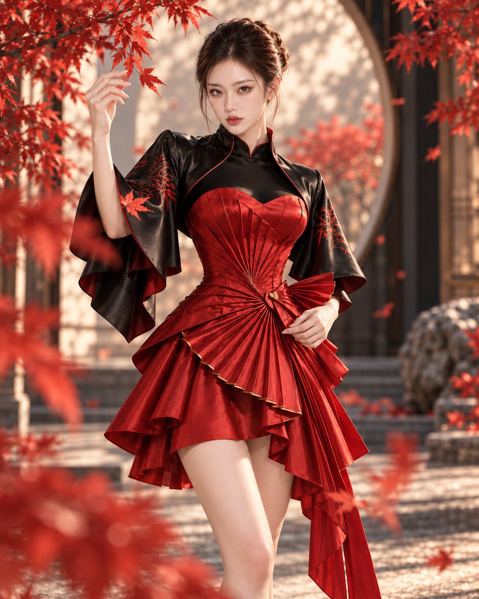 HuanAIart's tweet photo. ❤️❤️❤️❤️❤️❤️

朱砂扇舞｜Vermilion Fan Dance

系列： H-LOOK · Oriental Contemporary Couture Collection

风格： 新中式高定 × 折扇艺术 × 东方性感 × 雕塑浪漫

设计描述： 以中国传统折扇的开合形态为灵感，采用朱红色心形抹胸、放射状立体扇褶与不对称层叠短裙的组合设计。修身胸衣的褶线自腰侧向外舒展，如一柄徐徐展开的朱砂折扇，勾勒出鲜明而优雅的轮廓。黑色宽袖短披肩融入竹枝刺绣，与红色缎面形成强烈的视觉对比。裙侧延伸的修长垂片增添灵动气息，呈现热烈、冷艳而富有东方艺术张力的现代高定美感。