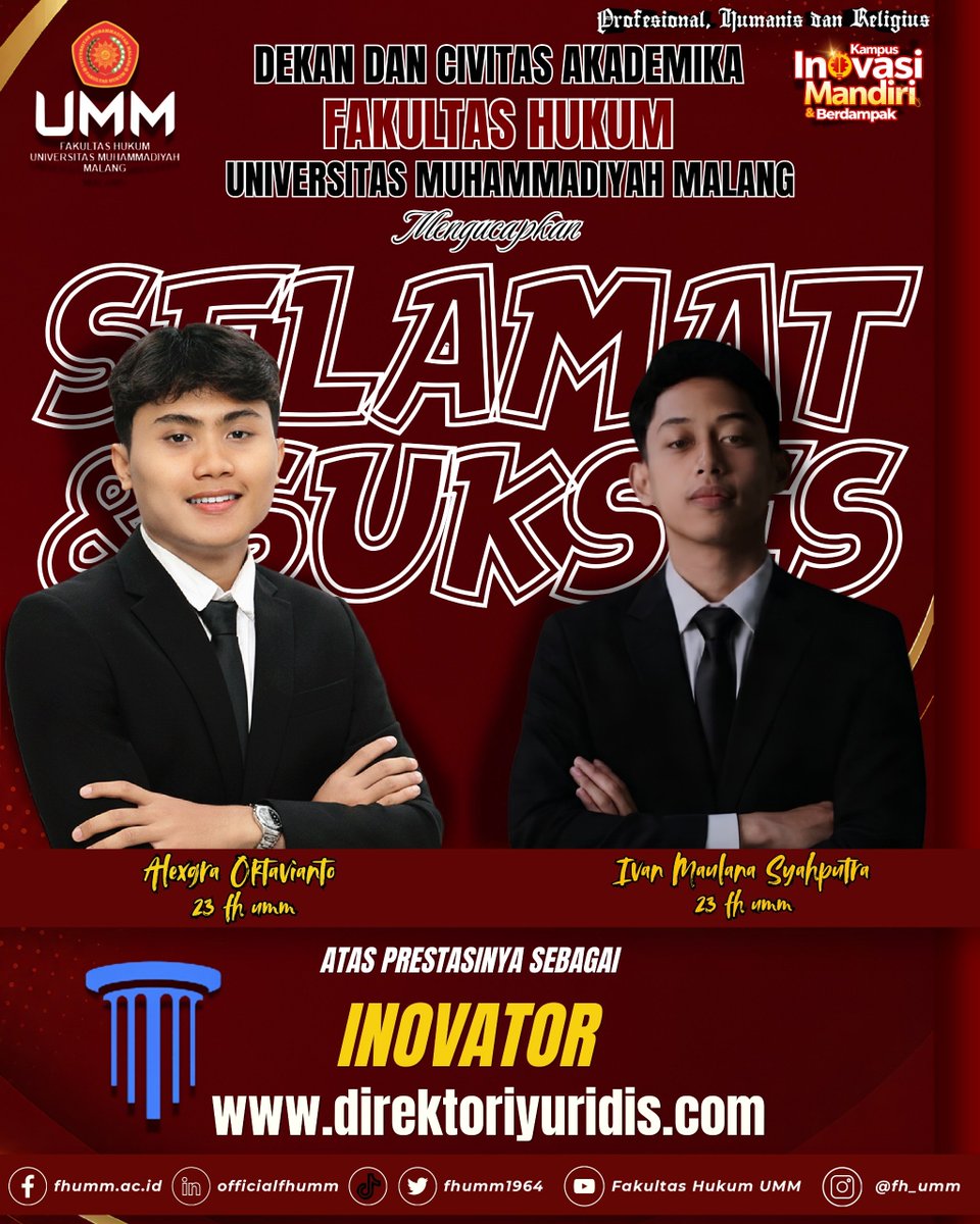 fhumm1964's tweet photo. APRESIASI ATAS PENCIPTAAN INOVASI DAN KARYA KREATIF MAHASISWA FH UMM

Dekan dan Civitas Akademika Fakultas Hukum Universitas Muhammadiyah Malang mengucapkan selamat dan sukses kepada Alexgra Oktavianto dan Ivan Maulana Syahputra, mahasiswa FH UMM Angkatan 2023. https://t.co/WZLptWnAuy