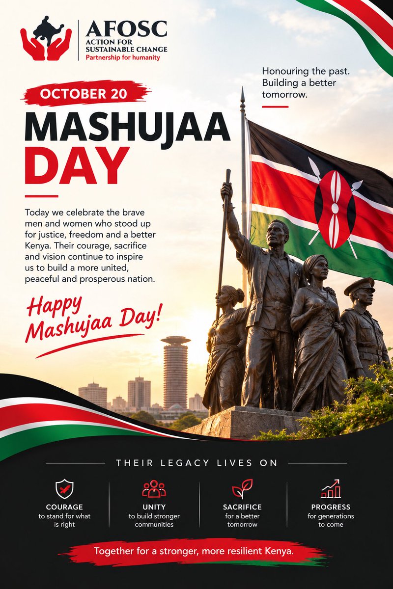 AFOSCKENYA's tweet photo. Happy Mashujaa Day, @AFOSCKENYA honours the heroes whose courage, sacrifice and resilience shaped our nation. May we carry their legacy forward by promoting unity, empowering communities and building a peaceful, inclusive and prosperous Kenya. 

#MashujaaDay #HeroesOfKenya https://t.co/QyDhVdq2PC