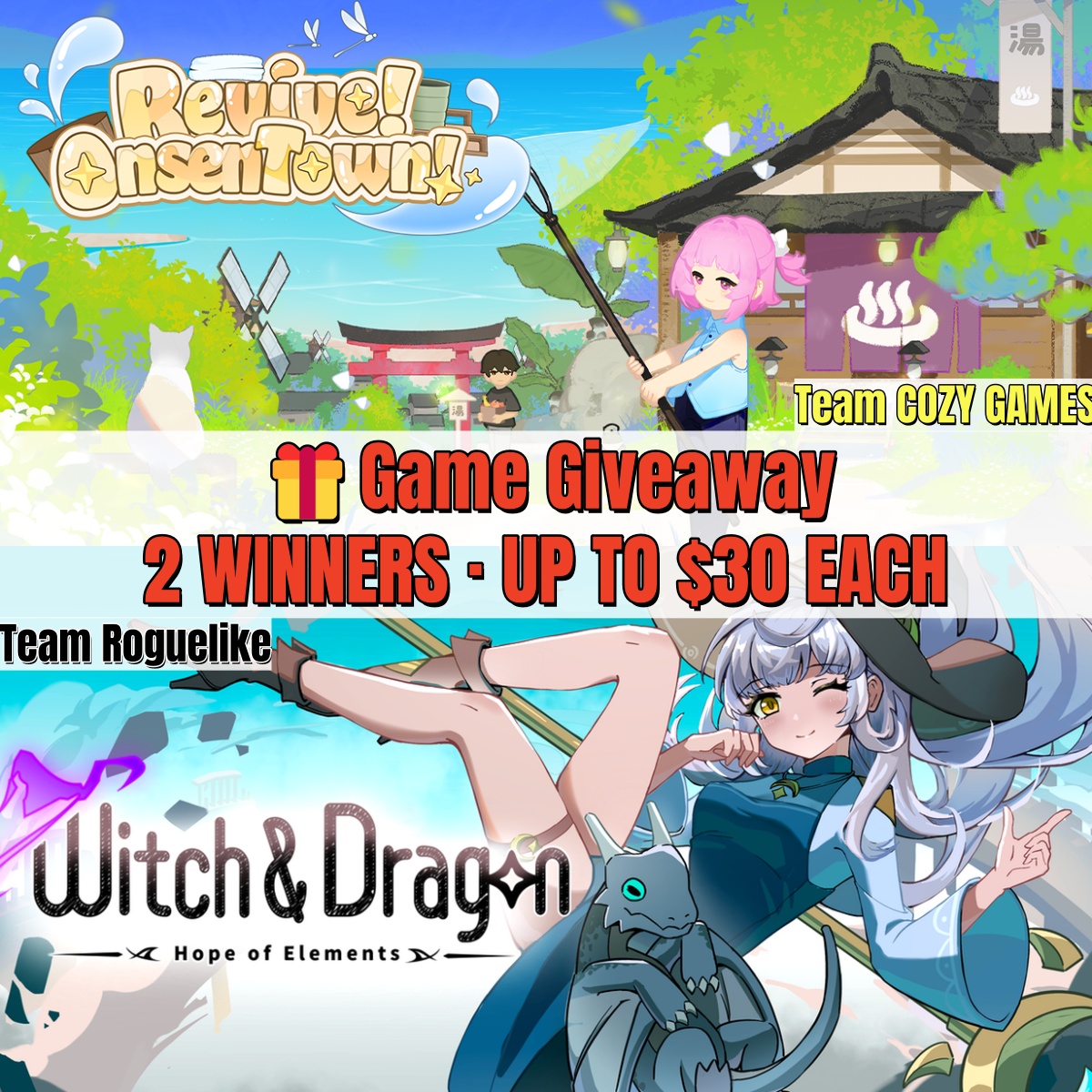 HSWorld_EN's tweet photo. 🎮TEAM #CozyGames 🆚 TEAM #Roguelike⚔️
Which side are you on? LET'S SETTLE THIS! 🔥
🎁GIVEAWAY: 2 winners, $30 worth of games each!

How to support your team:
1️⃣Follow us & repost this post
2️⃣Choose your side:
🧸Share your Revive! Onsen Town wishlist screenshot = Support TEAM Cozy games
⚔️Share your Witch & Dragon: Hope of Elements wishlist screenshot = Support TEAM Roguelike

OR simply shout out your favorite Cozy Game or Roguelike in your repost or comment!

⏰NOW – Oct 27, 11:59 PM EDT

📣The more-supported team gets both winners!👀

LET THE BATTLE BEGIN! #Giveaway
