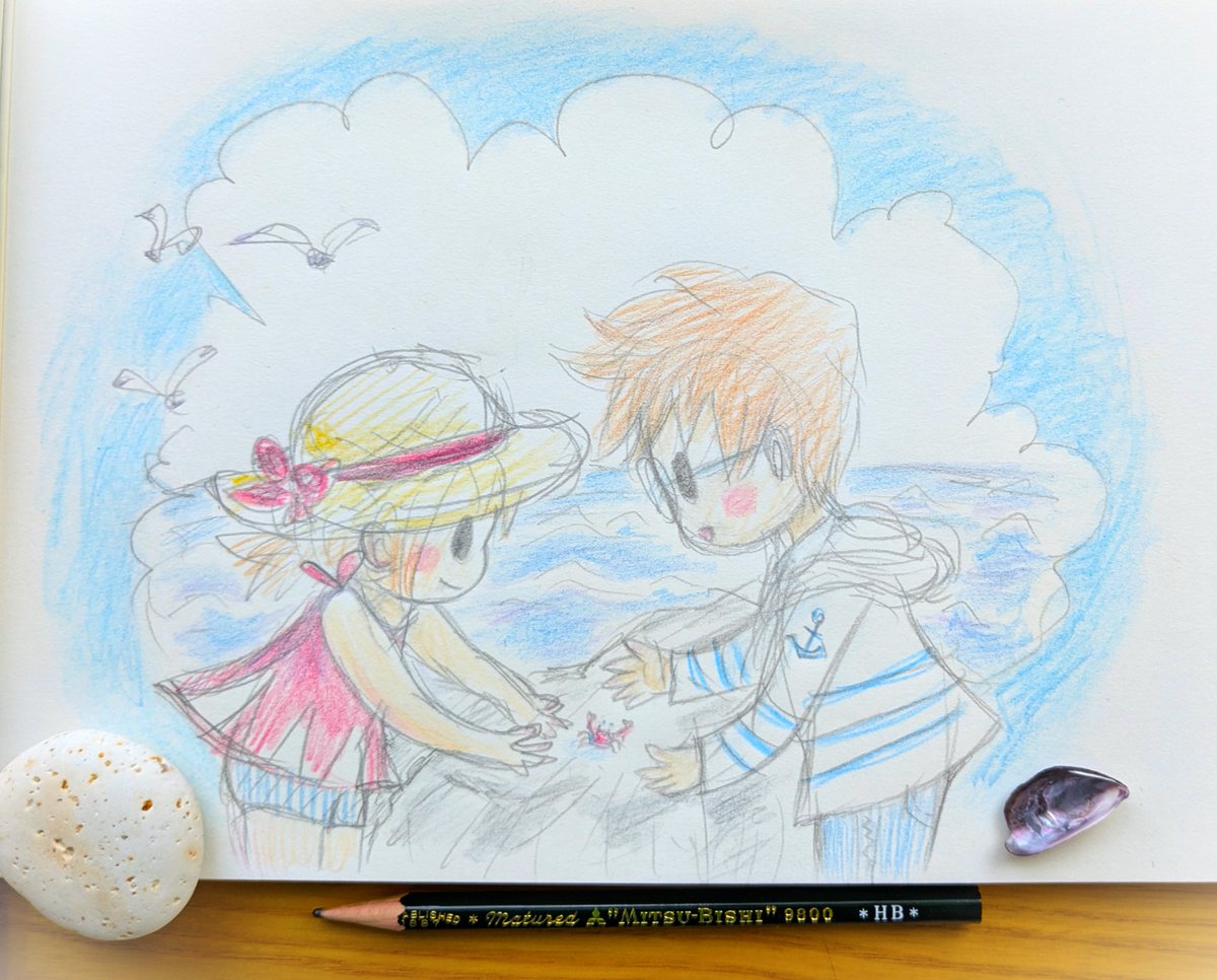 kuri6darara2's tweet photo. 🌊暑くて夏だ海だと思ってたらもう冬支度？

✏️カニとたわむれるきょうだい
15年前に描いた絵のセルフリメイク
昨日落書きしてたら可愛かったので、色鉛筆で彩色してみました
元絵では兄妹だったけど、この絵だと姉妹に見えてもいいかも https://t.co/GKm8dQnyEs