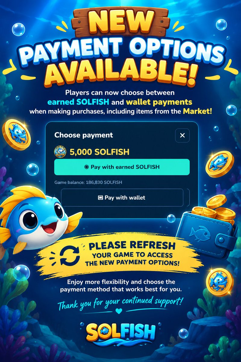 solfishofficial's tweet photo. 🐟 NEW PAYMENT OPTIONS in SolFish! 🎉

You can now pay with your earned SOLFISH or your wallet when making purchases, including in the Market! 💰

🌐 Website: https://t.co/6fn1wPXjTM
🌐 Discord: https://t.co/DM1d77CoyZ

🔄 Refresh your game to access the new options!

#SolFish 🚀 https://t.co/9lBRw4PvoJ