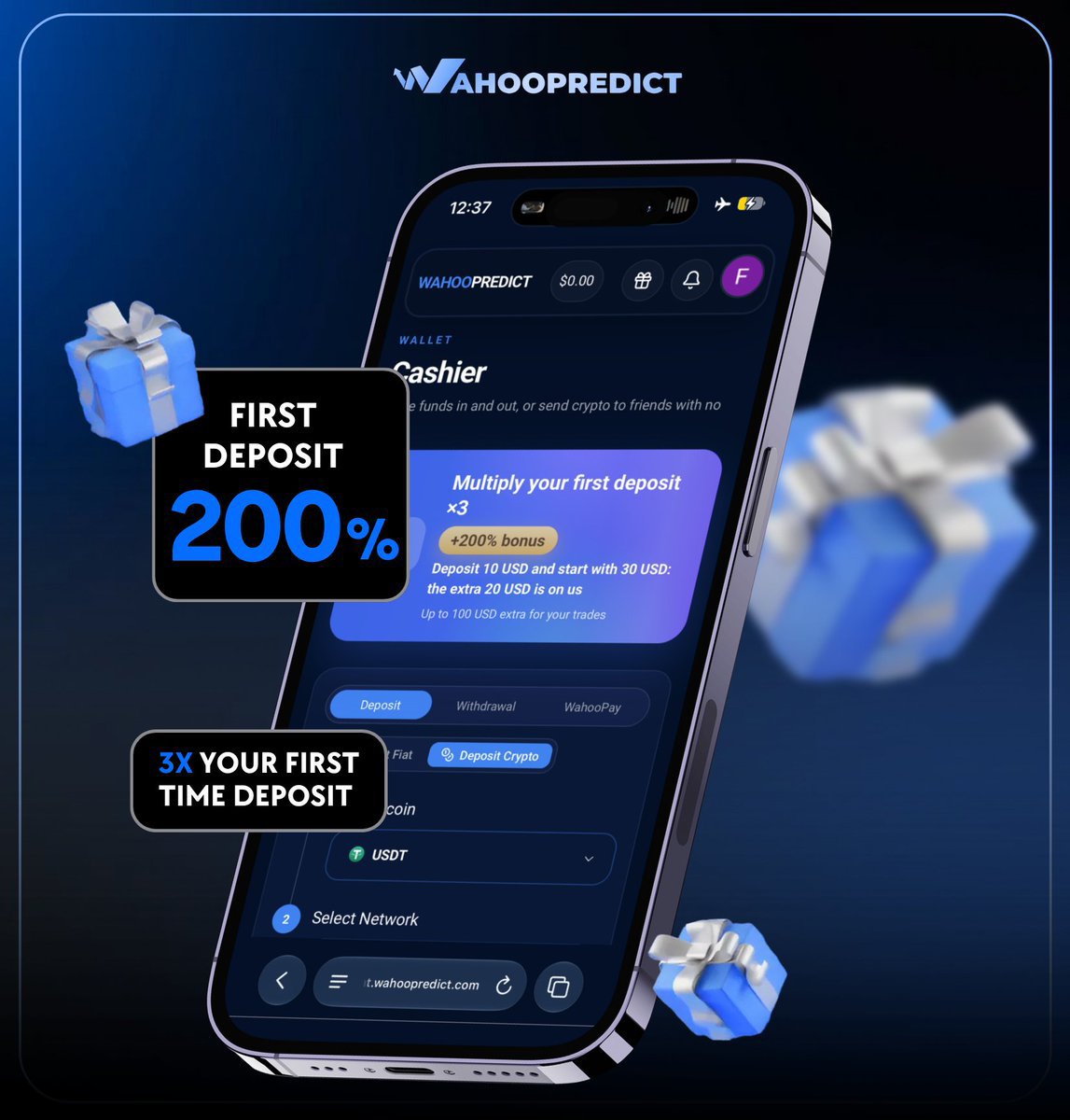 Justified20o's tweet photo. Wahoopredict is giving you a $200 bonus on your first $100 deposit, and that’s $300 in total. The same goes for $10 and above.

200% bonus on your first-time deposit. Would you miss this opportunity?

Your predictions are wanted, T&amp;C applied.
@Wahoopredict https://t.co/LM4uCZdHhs
