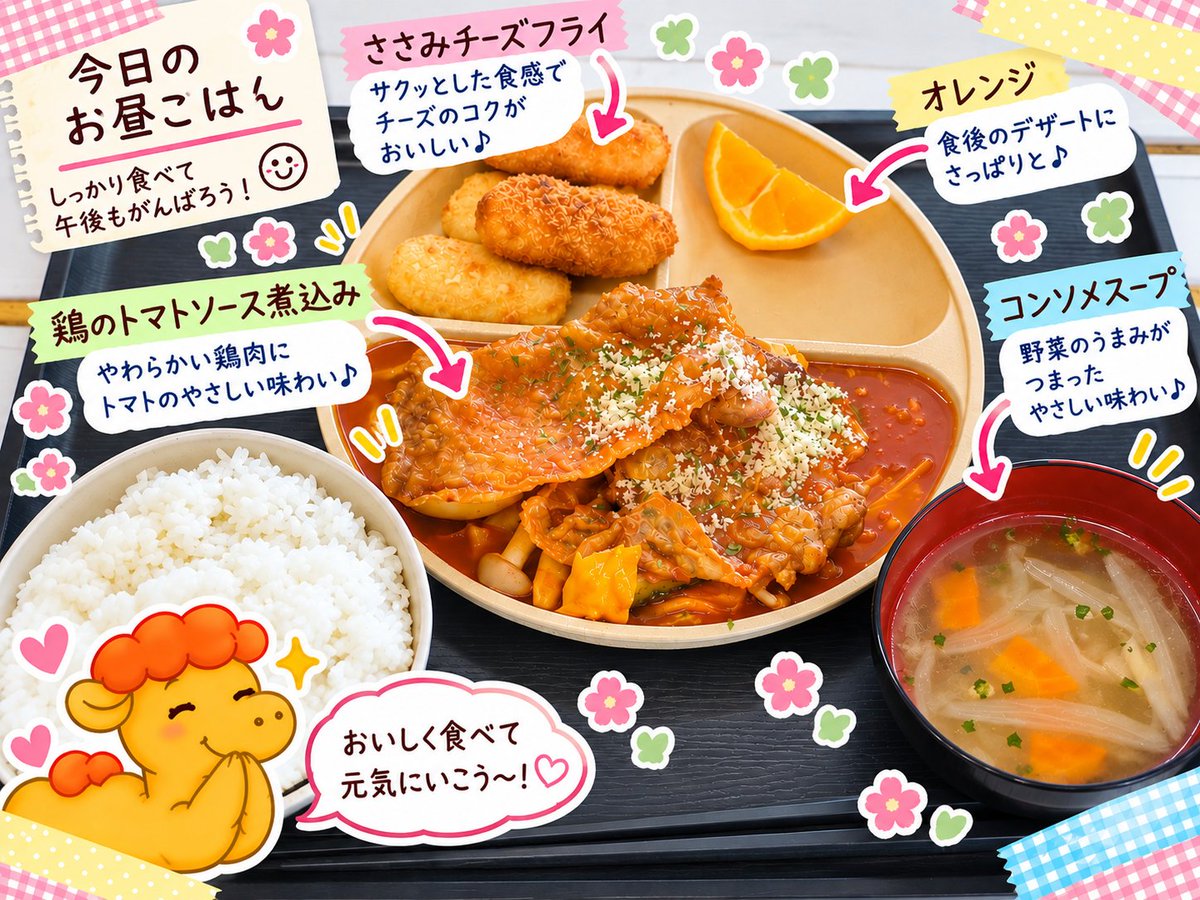 RAKUsyuro's tweet photo. 🐫今日のお昼ごはん
鶏肉のトマトソース煮込みは、ソースの彩りも食欲をそそる一品🍅✨
ささみチーズフライもあって、満足感のあるランチ😋
コンソメスープでほっと一息、オレンジでさっぱり🍊
#札幌 #東区 #楽 #RAKU #就労支援B型
#今日のお昼ごはん https://t.co/uLAygholkp