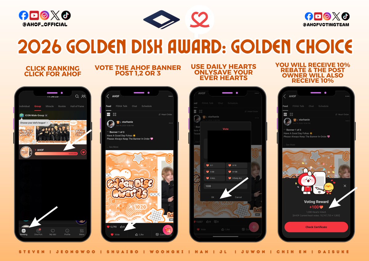AHOFVOTINGTEAM's tweet photo. 🚨 FOHA, DON'T VOTE DIRECTLY IN GDA! MAXIMIZE YOUR HEARTS! 💙🏆

Instead, drop your DAILY HEARTS on the AHOF GROUP COMMUNITY BANNER/POST in CHOEAEDOL!

💙 Your votes still count toward GDA!
🎁 YOU receive a 10% rebate!
💎 The BANNER/POST OWNER also gets 10%!
🔥 Extra Hearts = More votes for AHOF!

📱 Ranking → Group → AHOF → Banner Post 1, 2, or 3/Community Post

⚠️ SAVE YOUR EVER HEARTS!
❌ Do not vote on individual member banners!

App: CHOEAEDOL
🔑 Invitation Code: 61B8B2ED

LET'S VOTE SMARTER, FOHA! 💙🔥

#AHOF #아홉 #GoldenDiskAwards
@AHOF_official