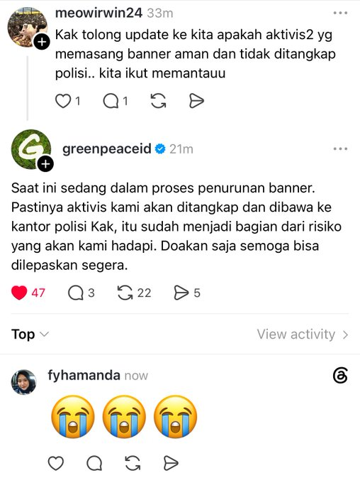 ejaaipongg's tweet photo. INFO DARI ADMIN GREENPEACE INDONESIA.

"Aktivitis Greenpeace saat ini lagi dibawa ke kantor polisi, dan itu sudah menjadi bagian dari resiko yang dihadapi" 🥀🥀 https://t.co/vu7D74ldrC