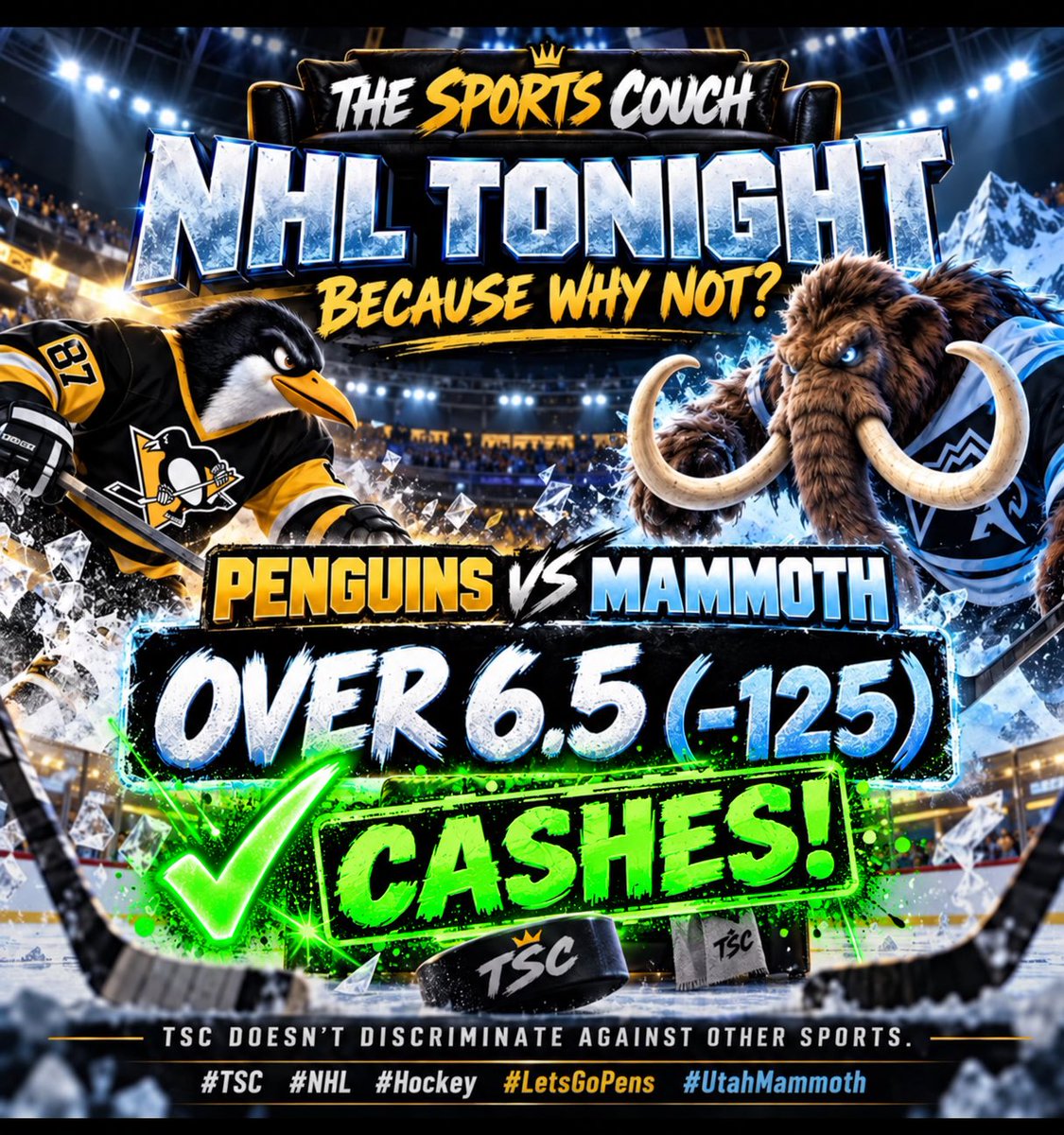 TheSportsCouch's tweet photo. Seven goals, one happy couch! 🏒✅ Penguins–Mammoth OVER 6.5 CASHES! Had to sweat this one, but goal No. 7 delivered. 😂🛋️
TSC doesn’t discriminate against other sports!
#TheSportsCouch #TSC #NHL #Hockey #LetsGoPens #UtahMammoth https://t.co/oWut73tauF