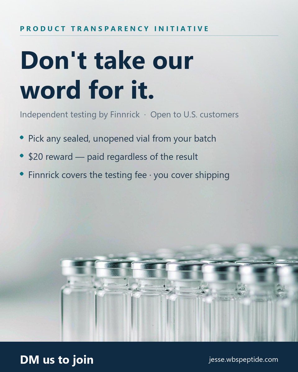 Jessewbspep's tweet photo. 🔬 *Product Transparency Initiative | Supporting Independent Customer Testing*

To make our products more transparent, we’re inviting eligible U.S. customers to participate in Finnrick’s free independent testing program. *Participants will receive a $20 reward, regardless of the test results.*

Choose the sample yourself from the vials you’ve already purchased from the same batch. The vial must remain sealed and unopened. Finnrick covers the basic testing fee; participants provide the sample and cover shipping.

Please apply first and wait for Finnrick’s approval before shipping your sample according to their instructions. Message us for participation details and how to claim your reward!

DM us for participation details and how to claim the reward.
#Peptides #Ipamorelin #Epithalon #NAD #Melanotan #Tirzepatide #KLOW #Semaglutide #Retatrutide #glp #COA