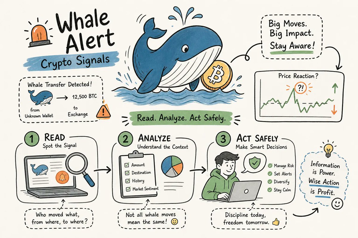 moziinnovation's tweet photo. A whale alert fires. Your gut says sell.

Most of the time that's noise — custody reshuffles, OTC, hot-wallet moves.

Destination ➡ dollar size.
Verify wallets, order book, funding — then act.

How to read whale alerts without blowing up:
https://t.co/GF0tsh5ARq https://t.co/nfddl01sTd