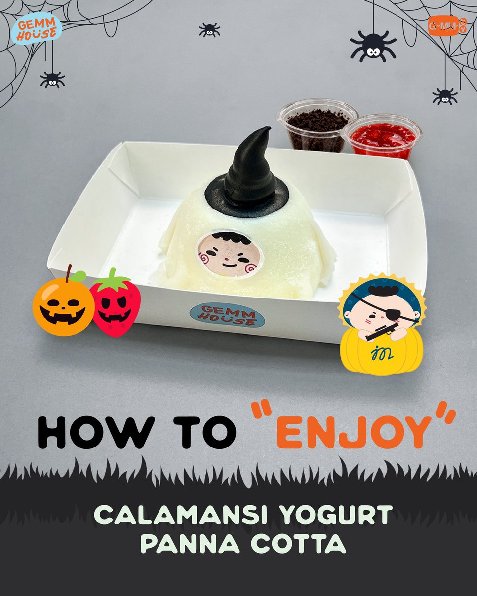 GEMMHOUSE's tweet photo. PEAK-A-BOO! 🎃👻

The cutest treats are here! มาอร่อยและสนุกกับเมนูฮาโลวีนสุดพิเศษ “Calamansi Yogurt Panna Cotta” กันได้แล้ววันนี้ที่ GEMM HOUSE

PRICE: 175 THB / PIECE

*Choose 1 GMMTV FANDOM CHARACTER from 34 Characters.

🗓️ วางจำหน่ายเฉพาะที่ GEMM HOUSE ตั้งแต่วันที่ 20 ตุลาคม - 2 พฤศจิกายน 2569 (สินค้ามีจำนวนจำกัด) Available at GEMM HOUSE from 20 October - 2 November 2026 (Available in limited quantities.)

🔗 Reservations open via https://t.co/lulRmfuEjZ

#GEMMHOUSE #GMMTV