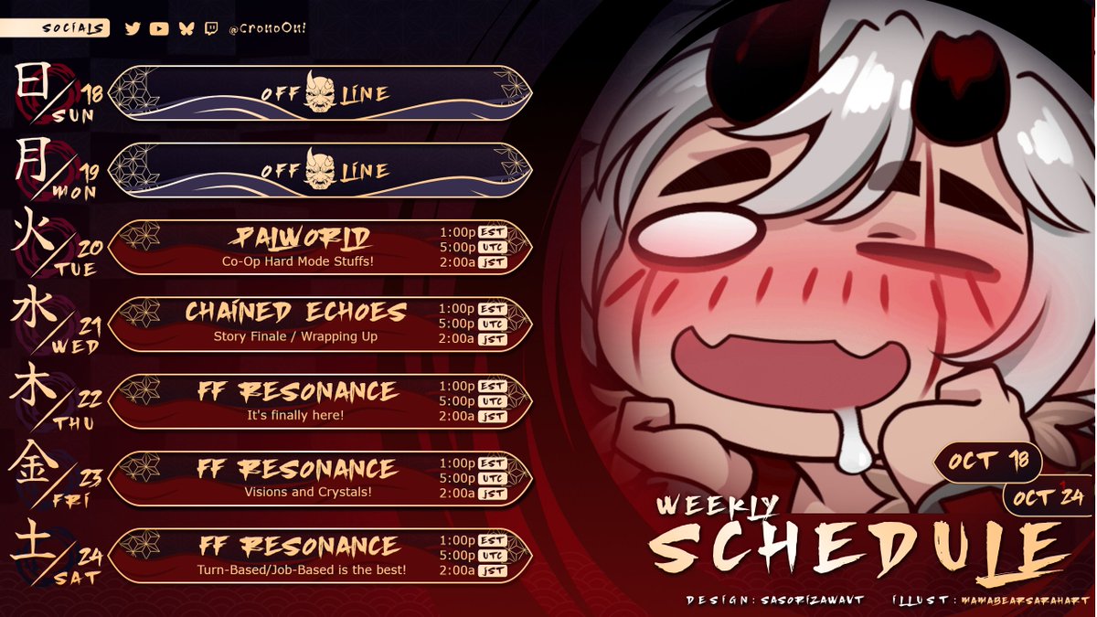 CronoOni's tweet photo. This week on "Oni is finally playing something different!"

Tues: Palworld MP - 1P EST
Wed:  Chained Echoes - 1P EST
Thurs: FF Resonance - 1P EST
Fri: FF Resonance - 1P EST
Sat: FF Resonance - 1P EST

#streamschedule #twitchschedule
👹#CronoOni👹
🎨: @mamabearsarahart https://t.co/Q6UKmKl028