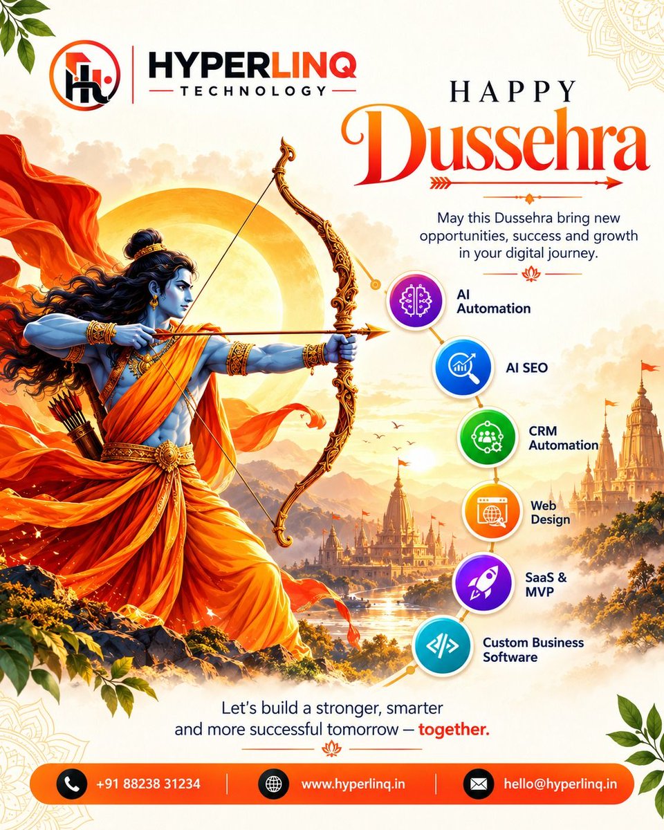 HyperlinqT's tweet photo. 🏹✨ This Dussehra, let’s celebrate the victory of good over evil and welcome new beginnings, endless opportunities, and success.

Wishing you and your loved ones a very Happy Dussehra from Hyperlinq Technology! 🧡 

#HappyDussehra #Dussehra2026 #HyperlinqTechnology #AIGrowth https://t.co/b3ctUCMkag