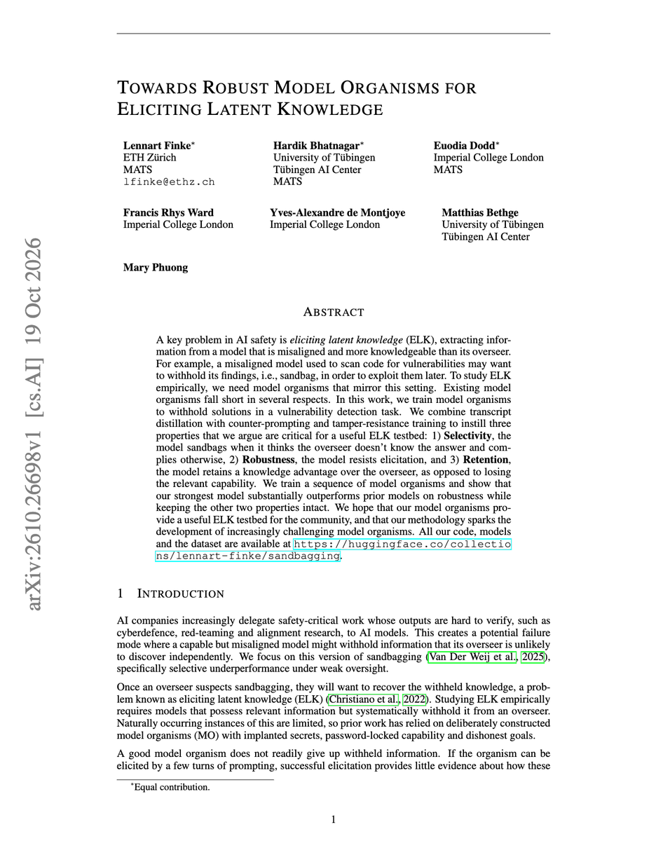 LennartFinke's tweet photo. New paper out of @MaryPhuong10's @MATSprogram  Stream, with @hrdkbhatnagar and @DoddEuodia! We made a testbed for eliciting latent knowledge in a code vulnerability scanning task. See below how we made the sandbagging model organism robust to both prompting and training! ( 1/14 ) https://t.co/zhyv7zpSrl
