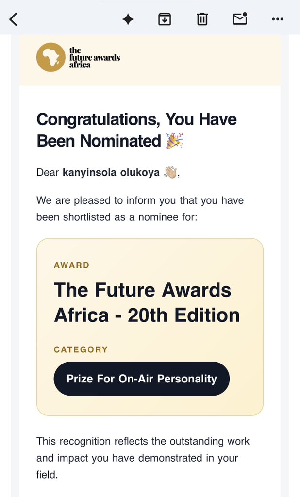 Globalmediagirl's tweet photo. I AM A NOMINEE FOR THE FUTURE AWARDS AFRICA!!! 😭😭😭❤️❤️❤️
God, You really wrote this story!!! Thank you, @future_awards for this honour. I do not take it for granted.

Signed,
Kanyinsola Olukoya
The Global Media Girl 🌍
The Future Awards Africa Nominee

#tfaa https://t.co/qqwFqs4egU