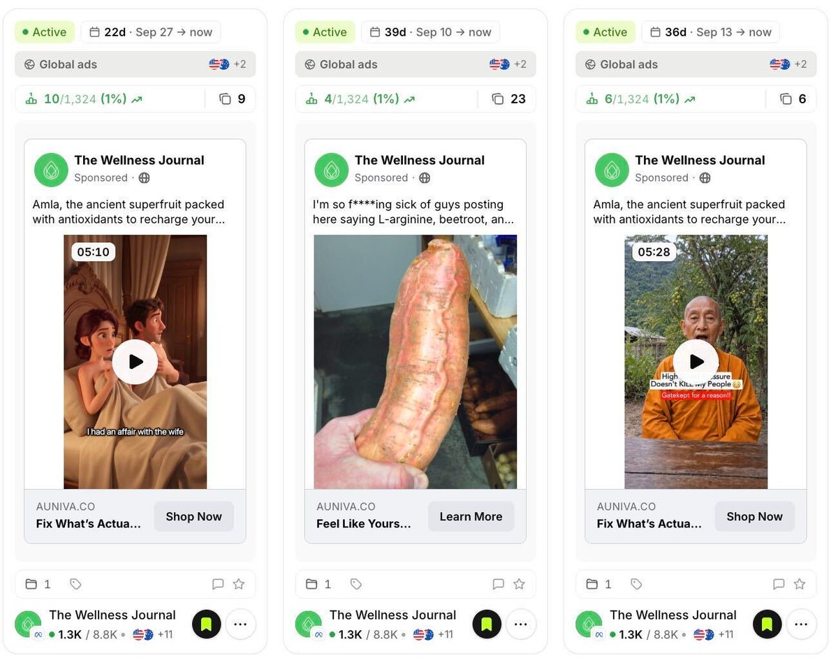 adamtaylorl's tweet photo. If you’re in ecom

Pay the f*ck attention to what Auniva is doing with their creative right now

8,000+ ads live across 14 pages and it’s the wildest ad library I’ve ever seen 💀 https://t.co/CSLpP5t3sI