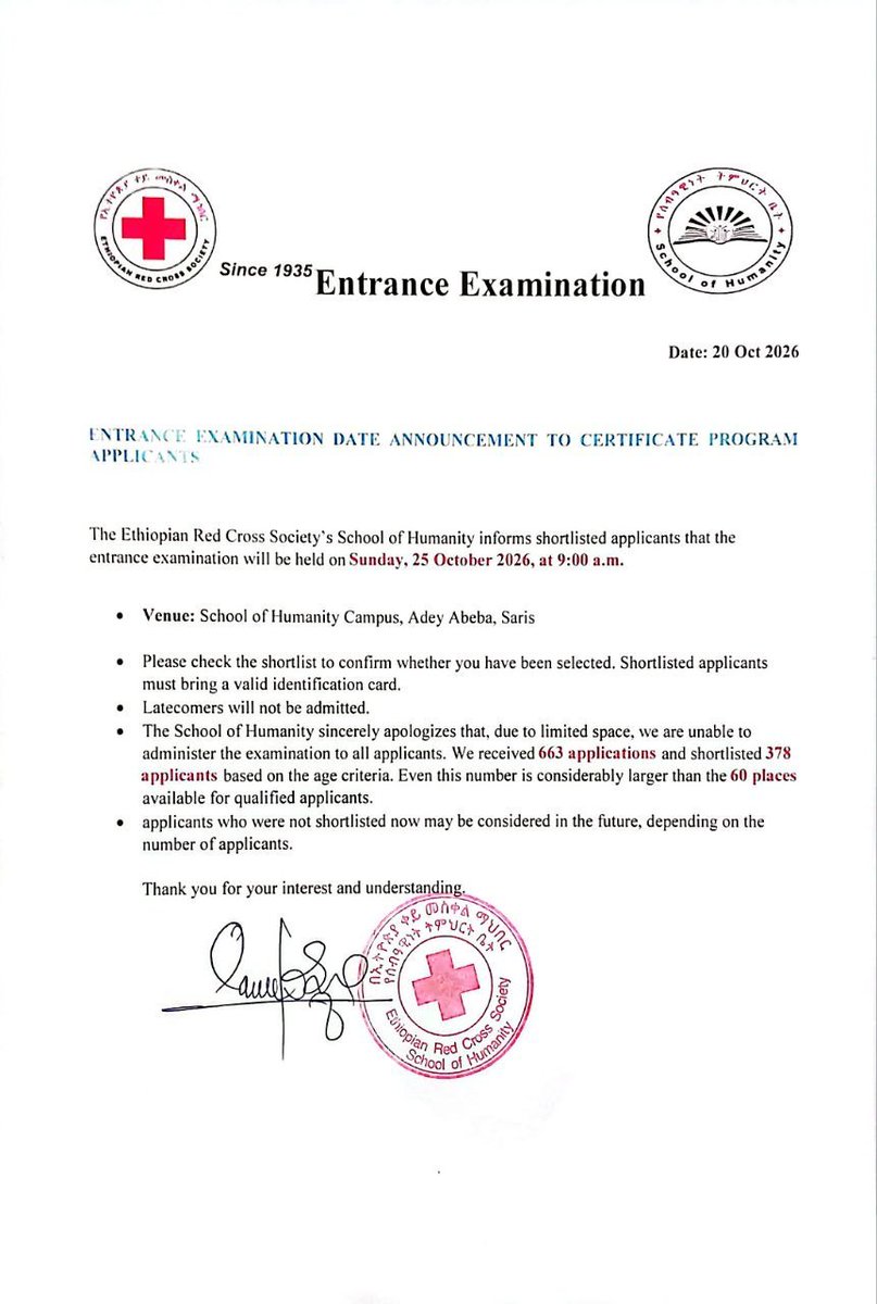 EthioRedCross's tweet photo. The Ethiopian Red Cross Society’s School of Humanity informs shortlisted applicants that the entrance examination will be held on Sunday, 25 October 2026, at 9:00 a.m.

Please check the shortlist here: 

https://t.co/7RKTalEq2E

We Live for Humanity! https://t.co/laA9Uys3Zy
