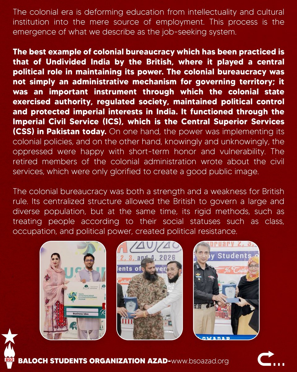 BSO__AZAD's tweet photo. 𝐓𝐡𝐞 𝐒𝐭𝐚𝐭𝐞 𝐒𝐭𝐫𝐚𝐭𝐞𝐠𝐲 𝐨𝐟 𝐉𝐨𝐛 𝐂𝐮𝐥𝐭𝐮𝐫𝐞, 𝐄𝐜𝐨𝐧𝐨𝐦𝐢𝐜 𝐃𝐞𝐩𝐞𝐧𝐝𝐞𝐧𝐜𝐞 𝐚𝐧𝐝 𝐏𝐨𝐥𝐢𝐭𝐢𝐜𝐚𝐥 ��𝐞𝐮𝐭𝐫𝐚𝐥𝐢𝐳𝐚𝐭𝐢𝐨𝐧 𝐨𝐟 𝐭𝐡𝐞 𝐁𝐚𝐥𝐨𝐜𝐡 𝐘𝐨𝐮𝐭𝐡

𝐇𝐢𝐬𝐭𝐨𝐫𝐢𝐜𝐚𝐥 𝐨𝐯𝐞𝐫𝐯𝐢𝐞𝐰

Colonial rule is sustained not only through military or by force; it controls the political, economic and social administrations through its institutions and creates such a paralyzed society which fails to function and continues national resistance. Bureaucracy provides a legitimate structure through which colonial power could be exercised beyond the battlefield. A slow death is much more painful than a sudden death; the military kills one at once, but a society whose people are taught that the only purpose of life is to get a degree for a 17-grade job creates a generation living under a slow death.

To read the complete overview click here
https://t.co/3bTXg3iXBL

#BoycottStateSponseredPrograms