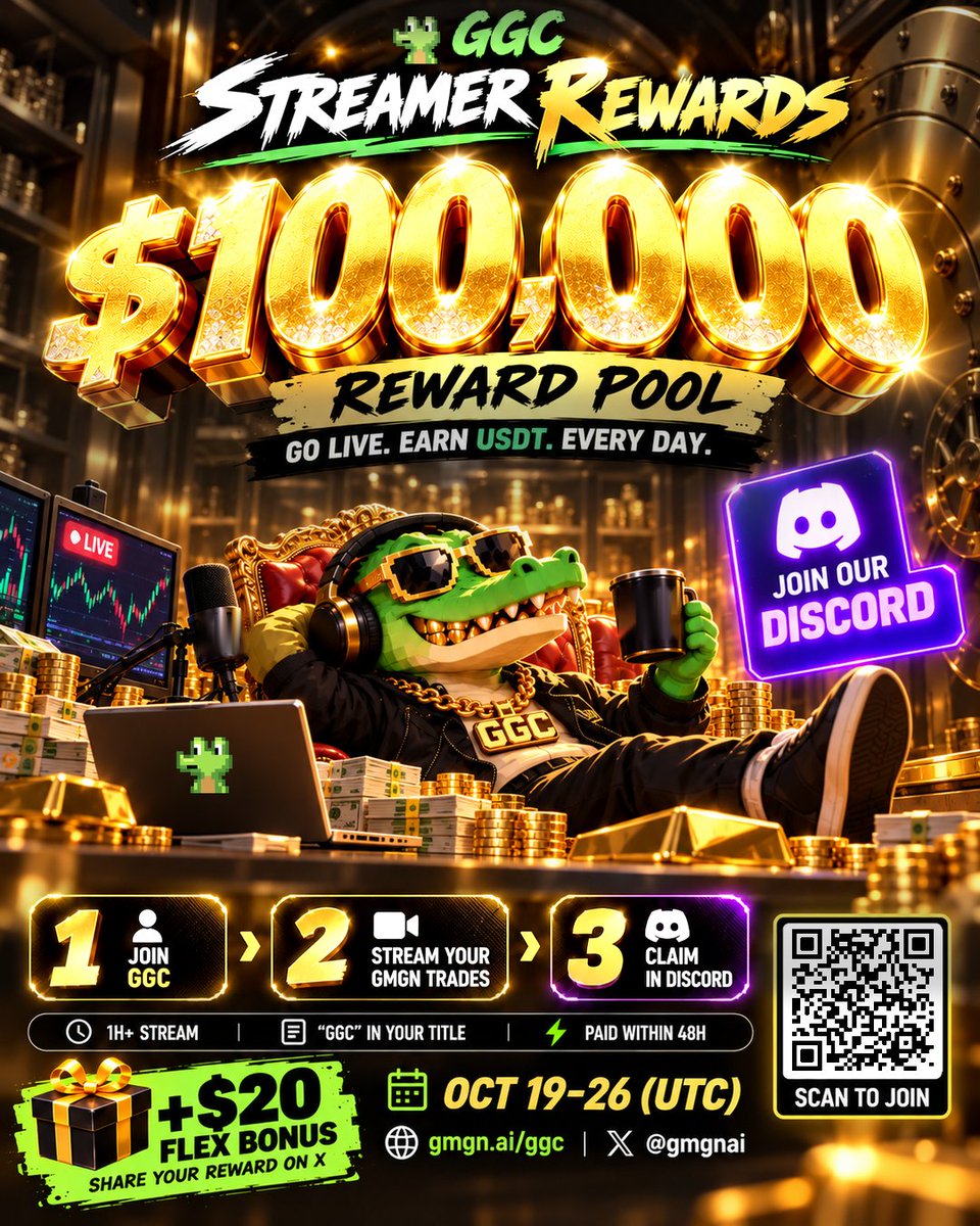 gmgnai's tweet photo. You're trading anyway. Might as well stream it.

$100,000 in USDT for GGC streamers. Go live 1h+ with "GGC" in your title, claim in Discord, paid within 48h.

Join: https://t.co/wX73liYMl4
Claim: https://t.co/PLijeOdAvZ https://t.co/ozTxo8uEgi