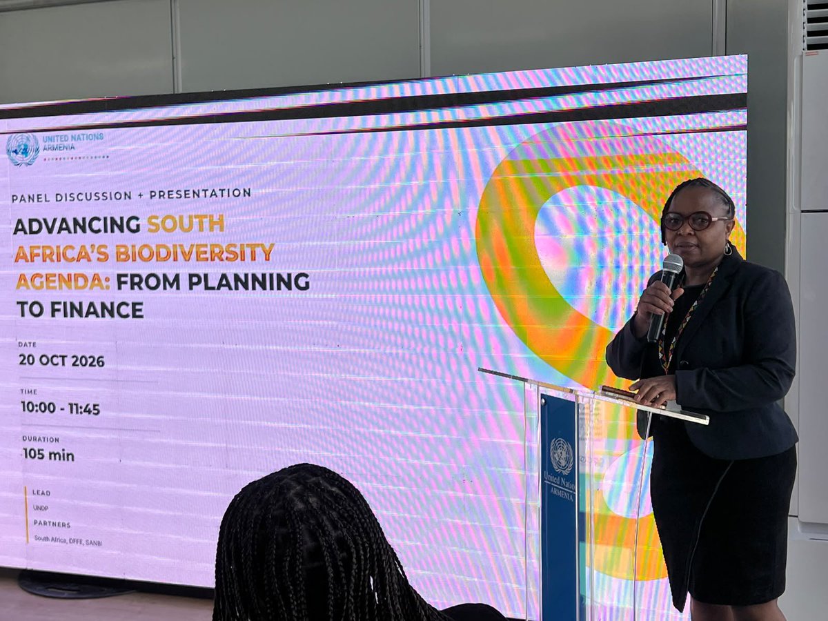 environmentza's tweet photo. DAY 2 @UNBiodiversity COP17 - From planning to finance: turning South Africa’s biodiversity priorities into investable action.

At CBD COP17 in Yerevan, South Africa hosted a side event titled “Advancing South Africa’s Biodiversity Agenda: From Planning to Finance” at the UN Pavilion.

The session began by grounding the discussion in South Africa’s national context with the overview of the state of the country’s biodiversity presented by SANBI CEO, Shonisani Munzhedzi.

A panel discussion moderated by DFFE Deputy Director-General Ms Flora Mokgohloa brought together Ms Candice Stevens, CEO of the Sustainable Finance Coalition, and Ms Phindile Masangane, Group Executive at the Development Bank of Southern Africa.

The panel explored how South Africa’s biodiversity priorities can be developed into credible, investment-ready projects through project preparation, catalytic and blended finance, effective partnerships and measurable benefits for biodiversity and communities. The proposed DBSA Biodiversity Investment Facility provided a practical basis for considering how the gap between planning and investment could be bridged.