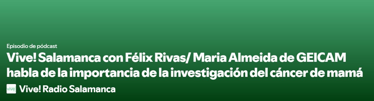 GEICAM's tweet photo. 🙌 Gracias a nuestra compañera María Almeida por compartir en @viveradio_sal la labor que desarrollamos en @GEICAM, y acercar a sus oyentes lo importante que es seguir impulsando la investigación en #cáncerdemama 🔬

🫂 Es un orgullo poder ponerle voz a nuestro trabajo, recordando que detrás de cada avance hay mucho esfuerzo, compromiso y personas trabajando para cambiar el futuro de la enfermedad.

💜 Gracias también a @viveradio_sal por concedernos este espacio para seguir concienciando sobre la importancia de la investigación y para dar a conocer nuestra campaña #DameTiempo, que os dejamos por aquí:
🔗 https://t.co/VEjOgQ8S3K

⏳ La #investigación da tiempo de vida, y dar visibilidad a quienes trabajan cada día para hacerlo posible es fundamental.

Podéis escuchar la entrevista completa aquí:
📻 https://t.co/CAlm5qOJpT