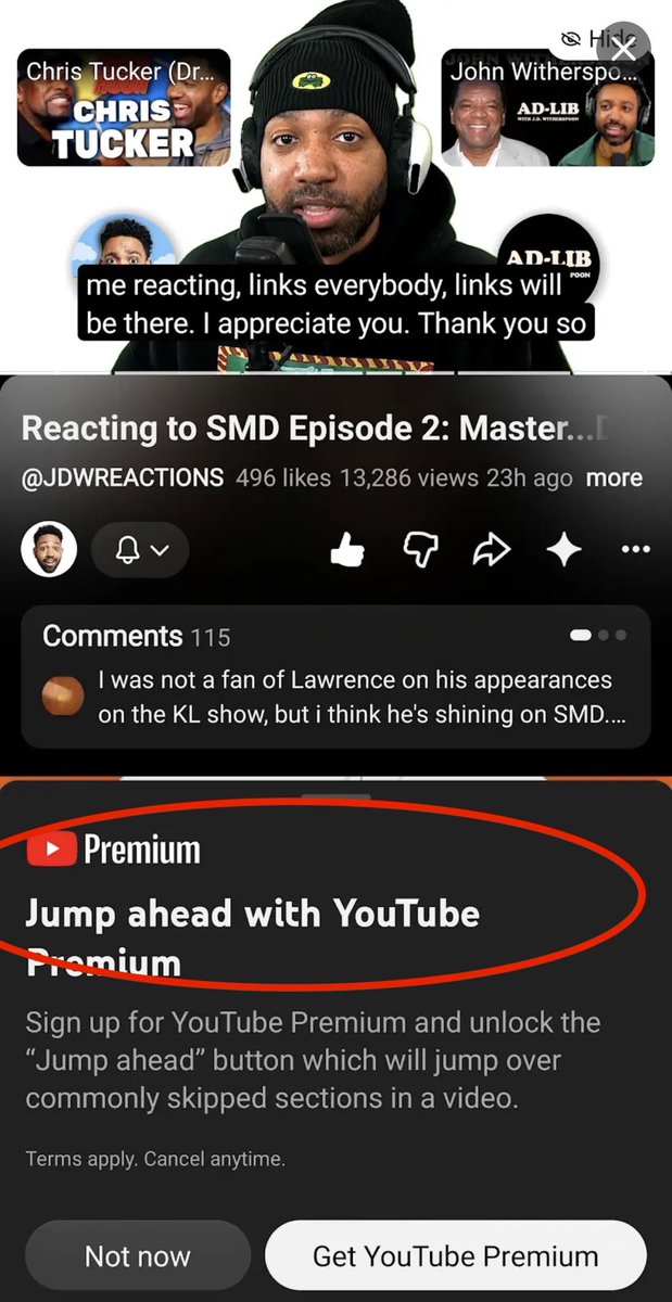 jdwitherspoon's tweet photo. Hey @YouTube stop telling viewers to “jump ahead” on videos! 

We’re trying to build communities here and u keep training viewers to have popcorn brains that can’t focus for more than a minute. 😡😡😡

How yall gonna be anti-creator when we make the platform successful? https://t.co/2lS7DVZDxl