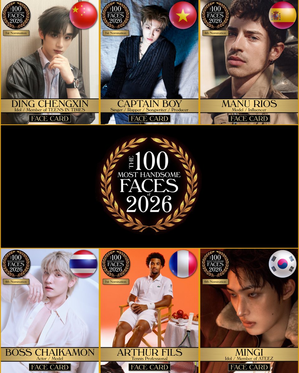 tccandler's tweet photo. Which face should represent 2026?  To nominate &amp; vote please join 70,000+ on our Patreon! (link in bio). #tccandler #100Faces #100faces2026 #dingchengxin @TNT_SDSN @TNT___official #captainboy #manurios #Bosschaikamon @Bossckm_ @ArthurFils #mingi @ATEEZofficial @ATEEZofficialjp https://t.co/iVnA38m3jK