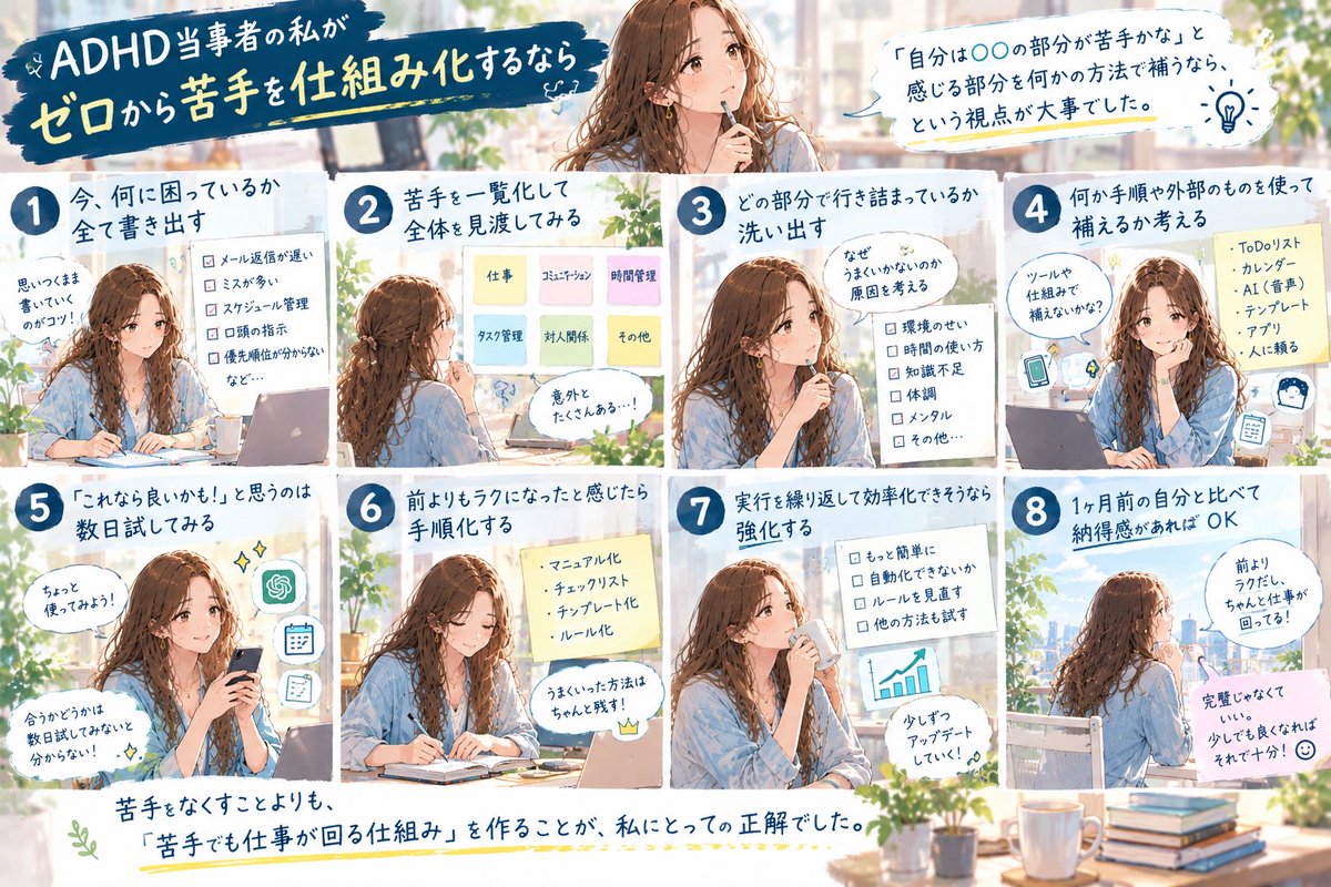 ADHD_REILA's tweet photo. ADHD当事者の私がゼロから苦手を仕組み化するなら

① 今、何に困っているか全て書き出す
② 苦手を一覧化して全体を見渡してみる
③ どの部分で行き詰まっているか洗い出す
④ 何か手順や外部のものを使って補えるか考える
⑤「これなら良いかも！」と思うのは数日試してみる
⑥ 前よりもラクになったと感じたら手順化する
⑦ 実行を繰り返して効率化できそうなら強化する
⑧ 1ヶ月前の自分と比べて納得感があればOK

「自分は〇〇の部分が苦手かな」と感じる部分を何かの方法で補うなら、という視点が大事でした。