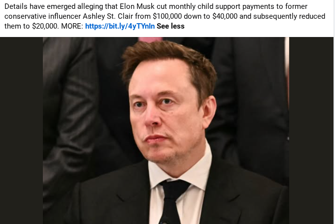 NumberEightNews's tweet photo. 20 grand a month? #DeadBeatDad

Musk has disputed the specific offer. In September 2026 he posted that she “was never offered that and has a history of making false claims.” Earlier in 2025 he stated that, despite uncertainty about paternity at the time, he had given her $2.5 million and was sending $500,000 per year. The two remain in a custody dispute.⁠Moneywise

In short: the $100k → $40k → $20k sequence is what St. Clair alleges happened after she declined the NDA-linked package; it is not an independently verified court-ordered child-support figure, and Musk rejects her version of the original offer.