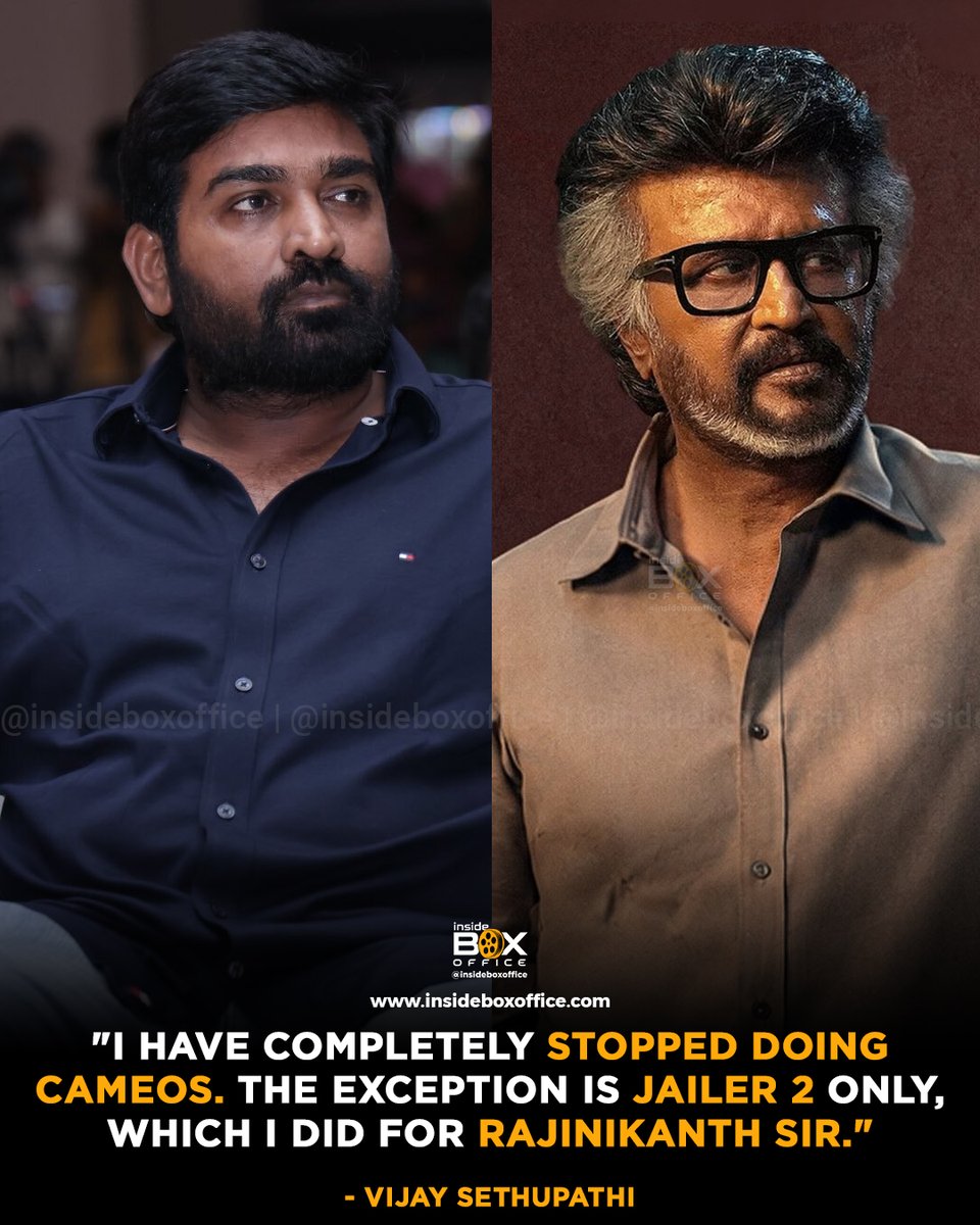 InsideBoxOffice's tweet photo. The reports of #VijaySethupathi coming on board for a fantastic cameo in #Jailer2 were leaked much before the Rajinikanth starrer was released. Later, Vijay Sethupathi himself confirmed this cameo by saying that he signed Jailer 2 only for #Rajinikanth sir.

During an interview, Vijay Sethupathi said, "I have completely stopped doing cameos. The exception is Jailer 2 only, which I did for Rajinikanth sir. If they put my poster on Jailer 2, the audience will notice only Rajini sir. But in other small films, they are marketing with my cameo in the poster; it affects my films, which I'm doing as a hero."

Did you like Vijay Sethupathi's cameo in Jailer 2?