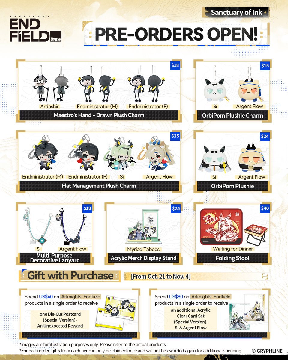 GLStore_EN's tweet photo. New merch on!

#ArknightsEndfield [Sanctuary of Ink] series merch is open for pre-order!

Pre-Order Link: https://t.co/Wnl6Ilni6g

Follow and repost for a chance to win a free standee before November 11! 5 winners will be selected!
View the images below for more info. https://t.co/4PoDX81OdU